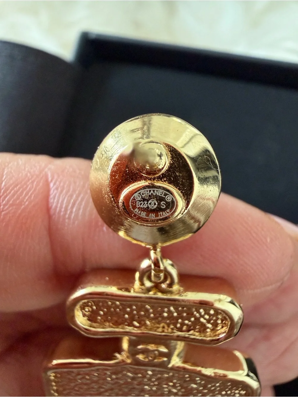 CHANEL Black & Gold Perfume Bottle Drop Earrings with Crystal Accents